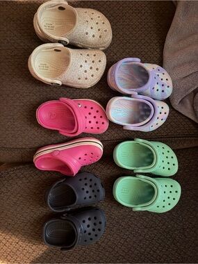 CROCS Kids Glitter Gold, Pink, Purple Tie-Dye, Mint Green & Black Clogs